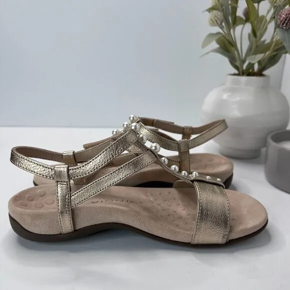 Vionic Mikah Adjustable T-Strap Orthotic Pearl Sandals Gold Women 6.5 Tried On