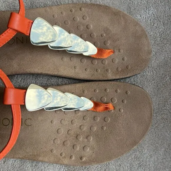 Vionic Rest Miami Orange Leather T-Strap Sandals Women 8 Gold Accents Strappy