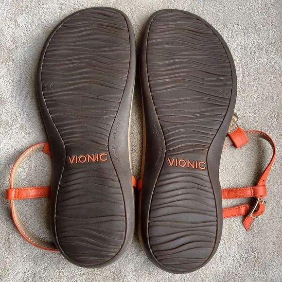 Vionic Rest Miami Orange Leather T-Strap Sandals Women 8 Gold Accents Strappy