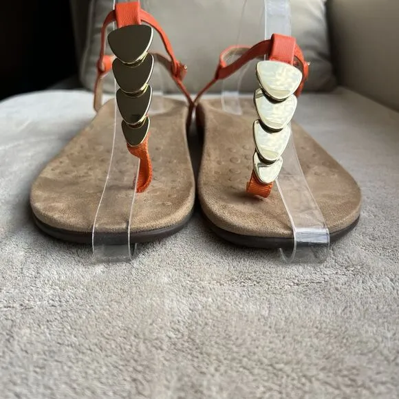 Vionic Rest Miami Orange Leather T-Strap Sandals Women 8 Gold Accents Strappy