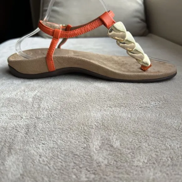 Vionic Rest Miami Orange Leather T-Strap Sandals Women 8 Gold Accents Strappy