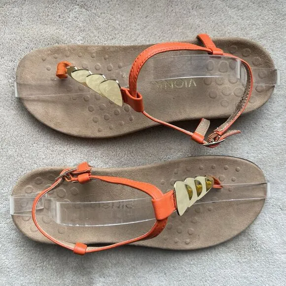 Vionic Rest Miami Orange Leather T-Strap Sandals Women 8 Gold Accents Strappy