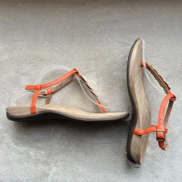 Vionic Rest Miami Orange Leather T-Strap Sandals Women 8 Gold Accents Strappy