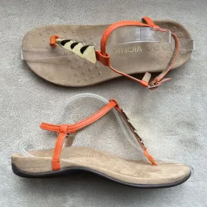 Vionic Rest Miami Orange Leather T-Strap Sandals Women 8 Gold Accents Strappy