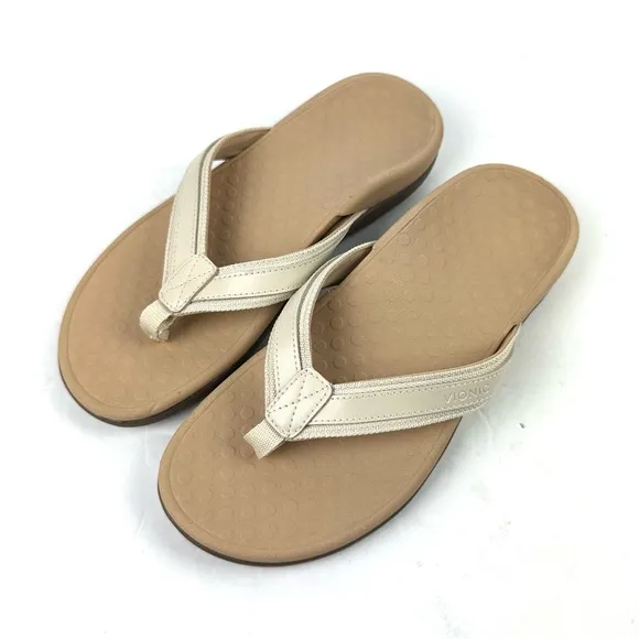 Vionic Tide Flip Flops 7 Ivory Leather Orthotic Sandals Womens Brand New