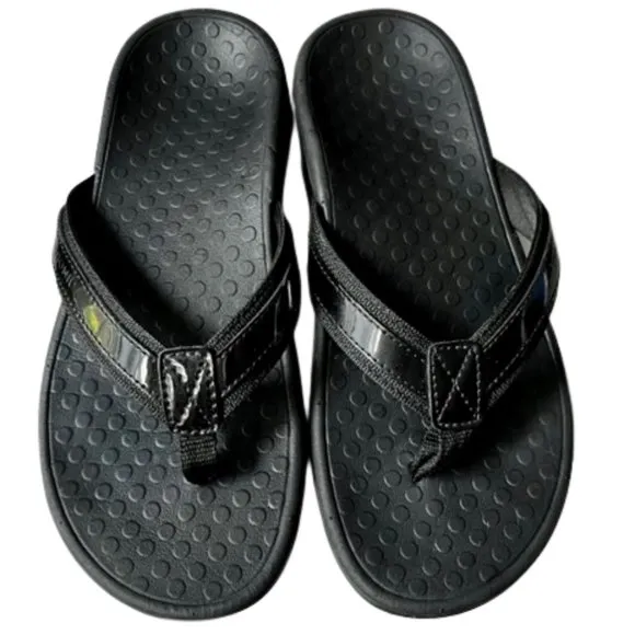 Vionic Tide II Black Toe Post Flip Flop Sandal - Black/Black Patent - 7