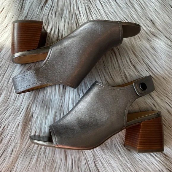 Vionic Valencia Comfort Heel Sandals Pewter Metallic Silver Leather Womens 10
