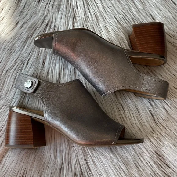 Vionic Valencia Comfort Heel Sandals Pewter Metallic Silver Leather Womens 10
