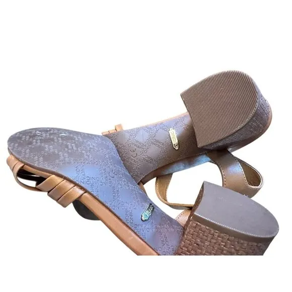 Vionic Womens Peony Sandals Brown Leather Ankle Strap Woven Block Heel Sz 8