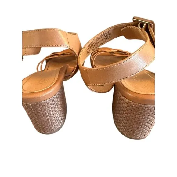 Vionic Womens Peony Sandals Brown Leather Ankle Strap Woven Block Heel Sz 8
