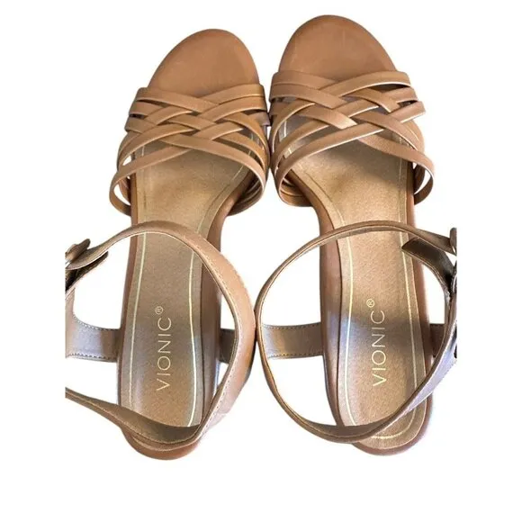 Vionic Womens Peony Sandals Brown Leather Ankle Strap Woven Block Heel Sz 8