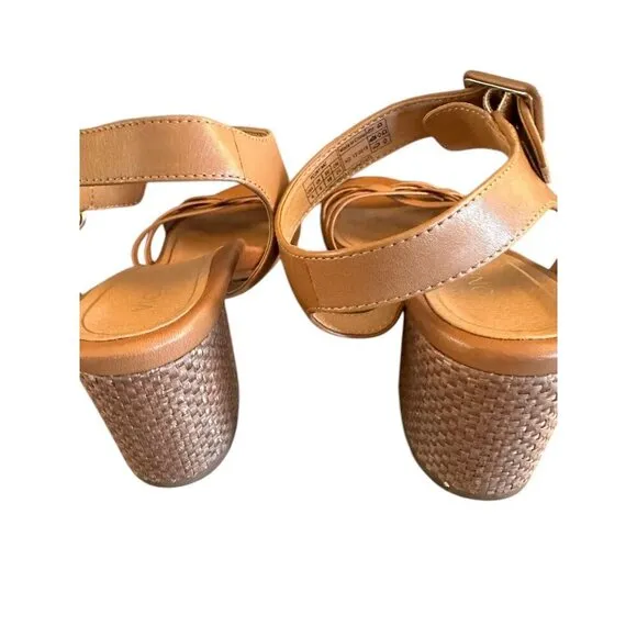 Vionic Womens Peony Sandals Brown Leather Ankle Strap Woven Block Heel Sz 8