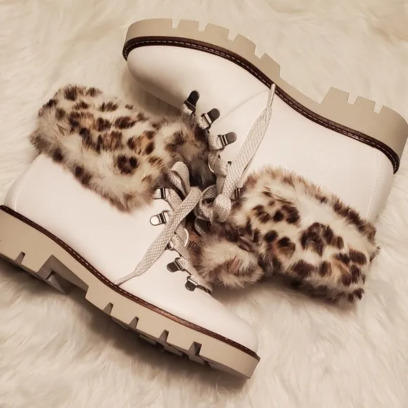 White Mountain Glamorous Faux Fur Leopard Lace Up Ankle Boots In White