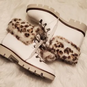 White Mountain Glamorous Faux Fur Leopard Lace Up Ankle Boots In White