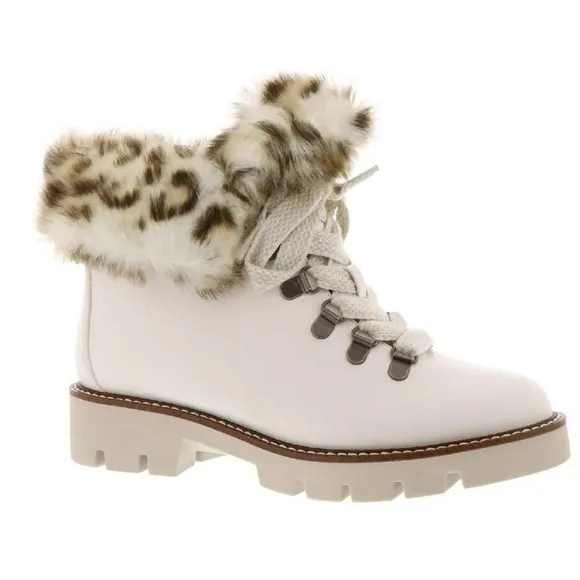 White Mountain Glamorous Faux Fur Leopard Lace Up Ankle Boots In White