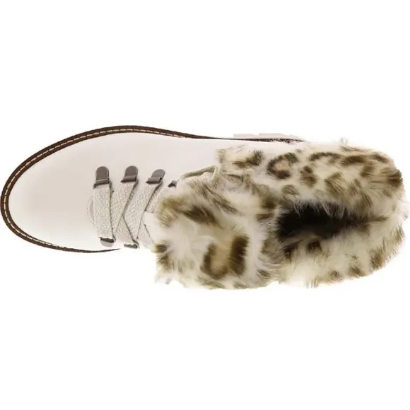 White Mountain Glamorous Faux Fur Leopard Lace Up Ankle Boots In White