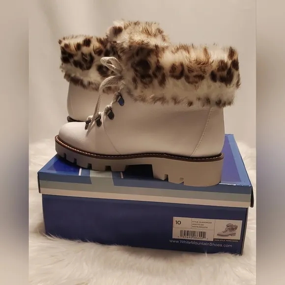 White Mountain Glamorous Faux Fur Leopard Lace Up Ankle Boots In White