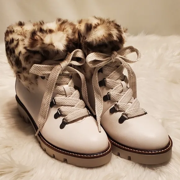 White Mountain Glamorous Faux Fur Leopard Lace Up Ankle Boots In White
