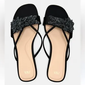 Zara NWT rhinestone floral sandals black