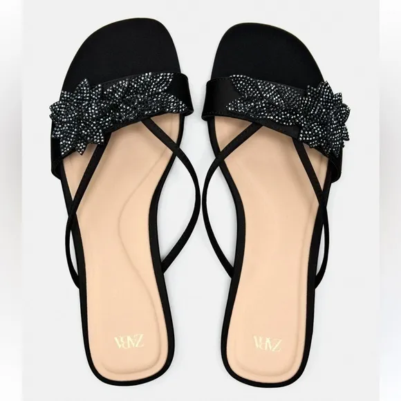 Zara NWT rhinestone floral sandals black